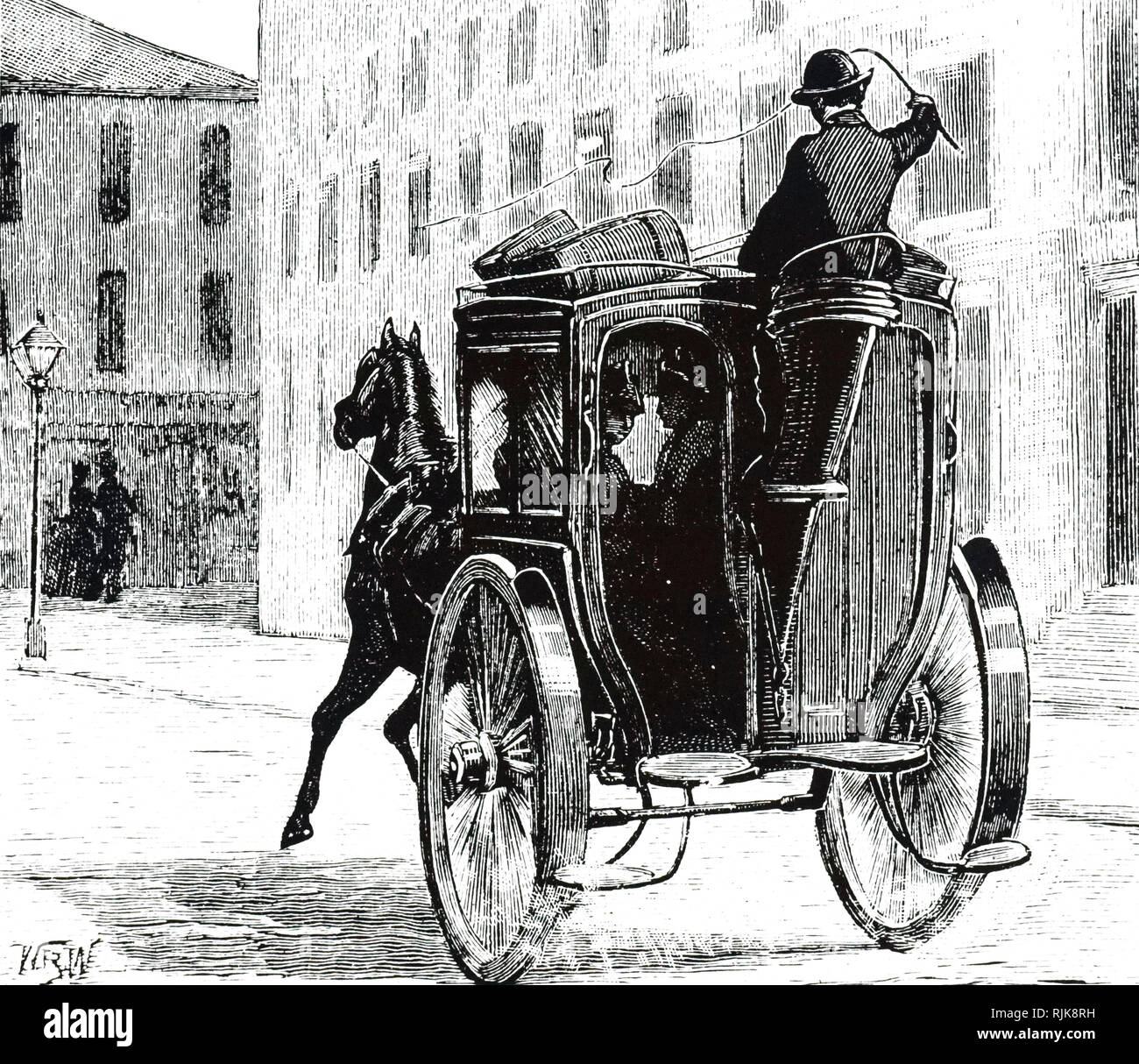 Una incisione di un Hansom Vittoriano costruito per il trasporto di quattro passeggeri. Datata del XIX secolo Foto Stock