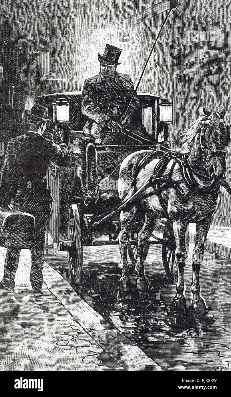 Una incisione raffigurante un Fiacre, una forma di un allenatore di Hackney, a cavallo a quattro ruote carrello per noleggio. Datata del XIX secolo Foto Stock