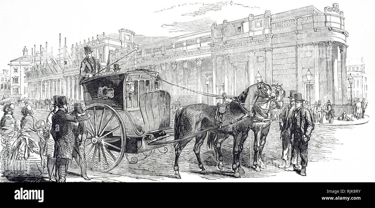 Una incisione raffigurante un curricle tribus, una luce, aprire, a due ruote carrello trainato da due cavalli a fianco a fianco. Datata del XIX secolo Foto Stock