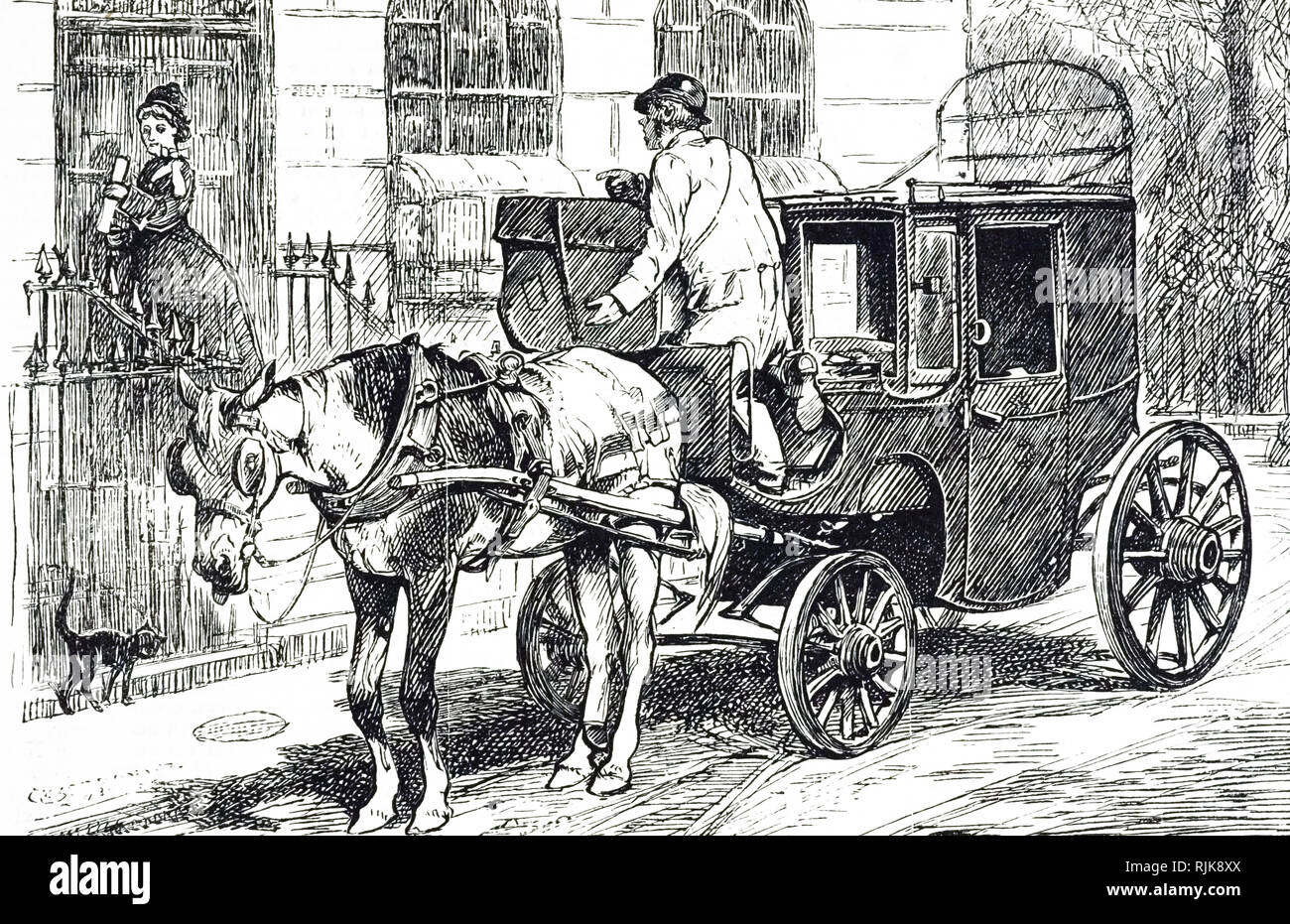 Una incisione raffigurante un inglese di Hackney coach in attesa per i suoi passeggeri. Datata del XIX secolo Foto Stock