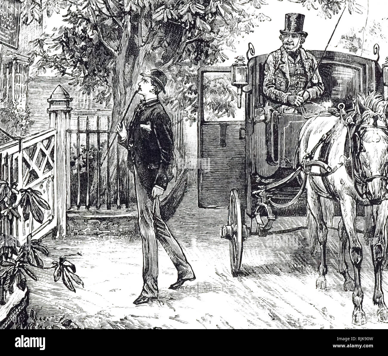 Una incisione raffigurante un inglese di Hackney coach far cadere un passeggero. Datata del XIX secolo Foto Stock