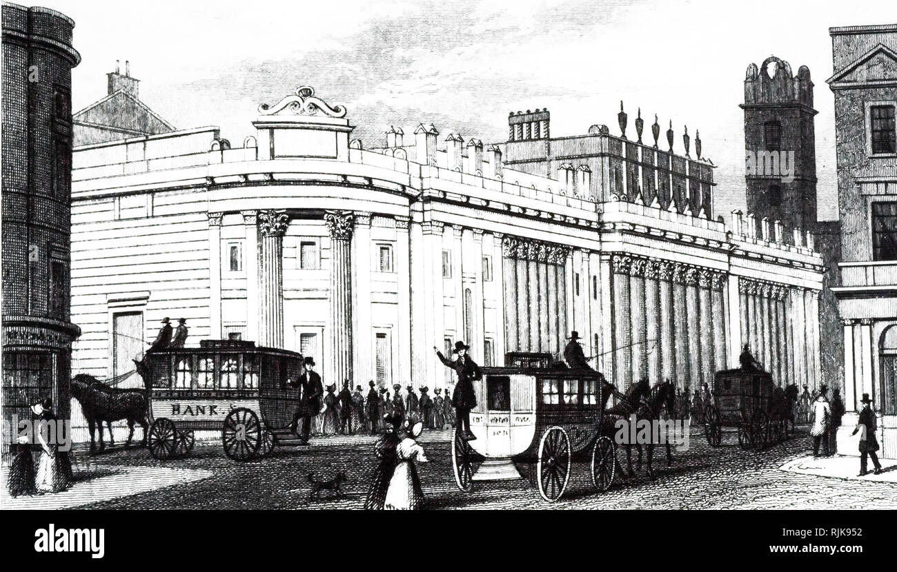 Una incisione raffigurante carrozze trainate da cavalli al di fuori della Banca di Inghilterra, Threadneedle St, Londra. Datata del XIX secolo Foto Stock