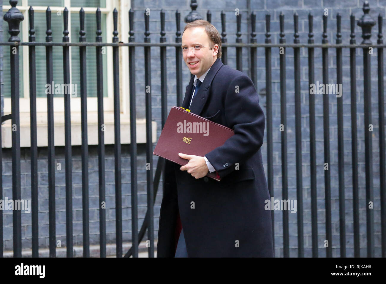 Londra, Regno Unito. 5 febbraio, 2019. Matthew Hancock - il Segretario di Stato per la salute e la cura sociale visto al momento del suo arrivo a Downing Street a frequentare il settimanale riunione del gabinetto. Credito: Dinendra Haria/SOPA Immagini/ZUMA filo/Alamy Live News Foto Stock