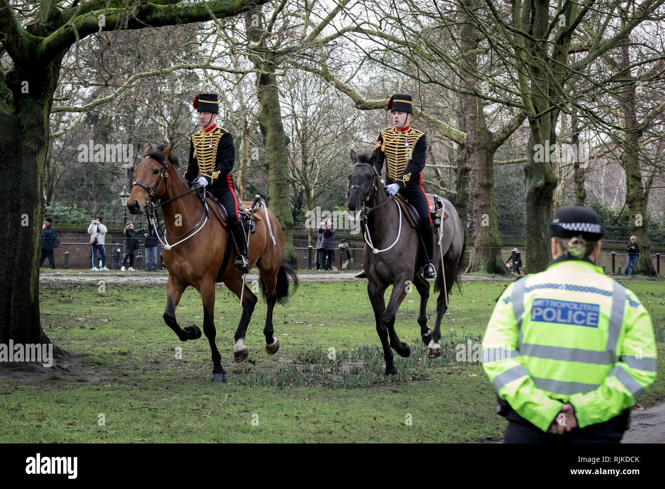 Londra, Regno Unito. 6 febbraio 2019. Pistola 41 Salute nel parco verde dal re della truppa cavallo Royal Artillery segnando il sessantasettesimo anniversario della HM Regina della adesione al trono Credito: Guy Corbishley/Alamy Live News Foto Stock