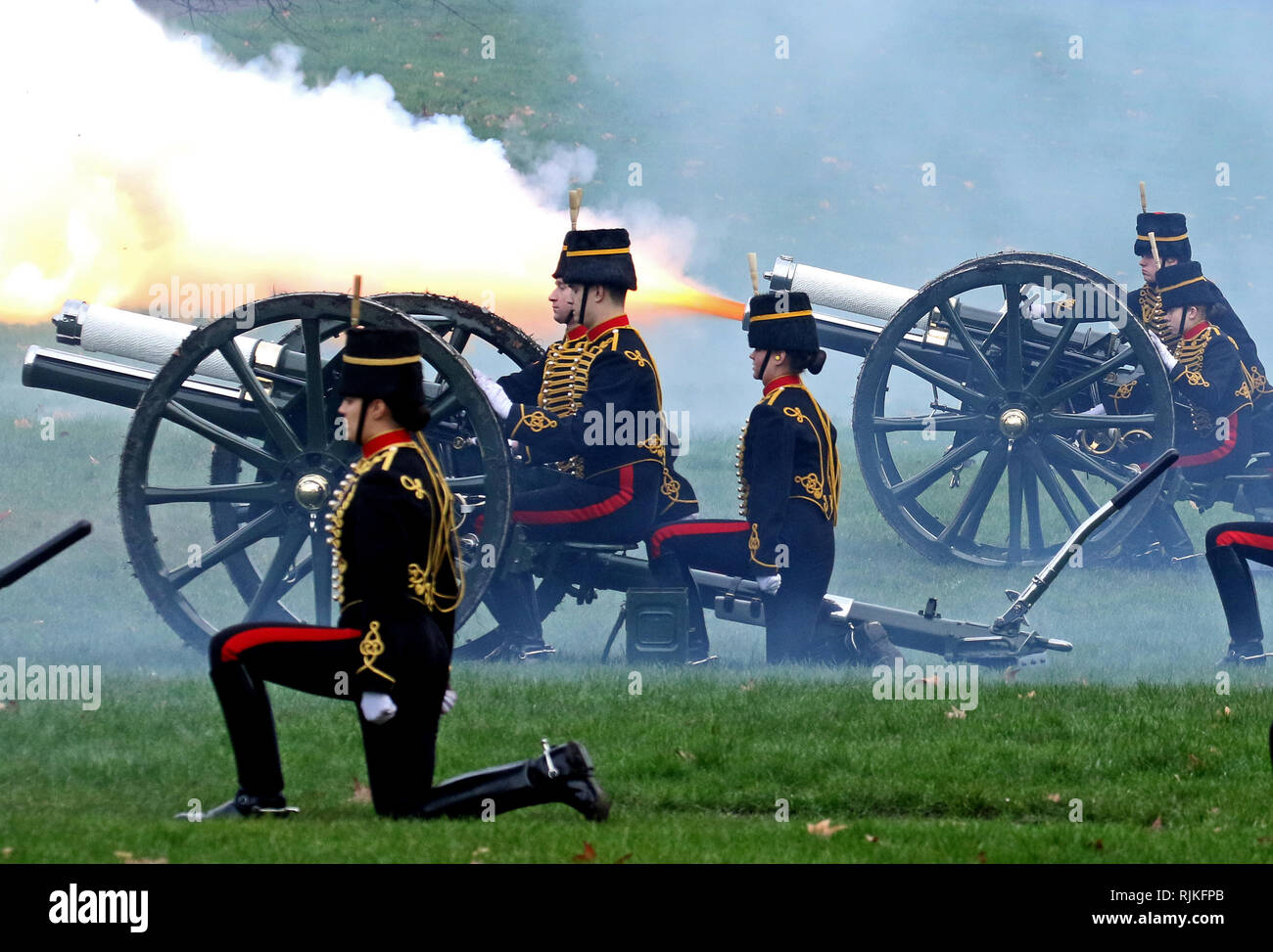 Londra, Regno Unito. 06 feb 2019. Una 41-gun salute è sparato dal re truppa Royal Artiglieria a cavallo nel Parco Verde oggi per contrassegnare il sessantasettesimo anniversario dell'adesione della Regina Elisabetta II al trono. Sua Maestà la Regina Elisabetta II è della Gran Bretagna più longevo monarca. Kings truppa cavallo Royal Artillery adesione Day Gun salute, Green Park di Londra il 6 febbraio 2019. Credito: Paolo Marriott/Alamy Live News Foto Stock