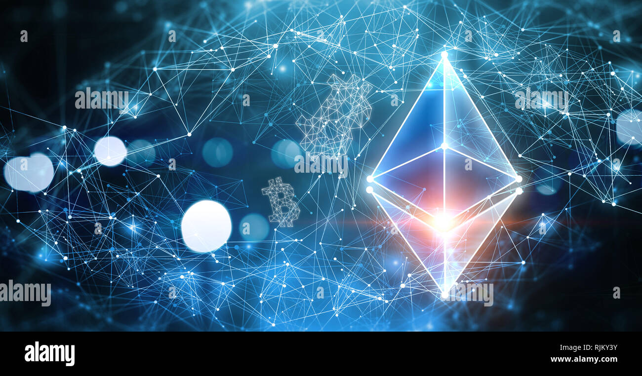 Bitcoin e Ethereum simboli astratti su sfondo blu. Il rendering 3D Foto Stock