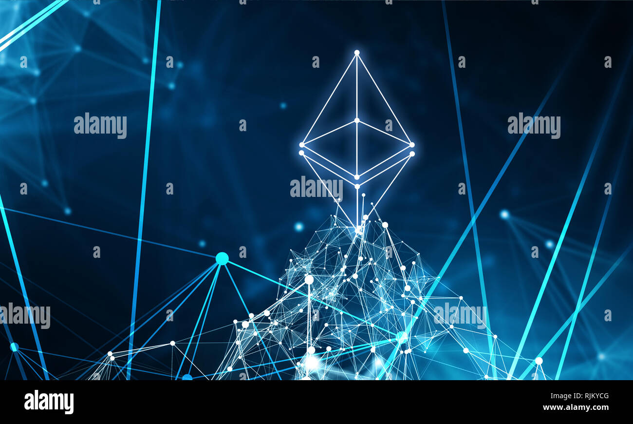 Bitcoin e Ethereum simboli astratti su sfondo blu. Il rendering 3D Foto Stock