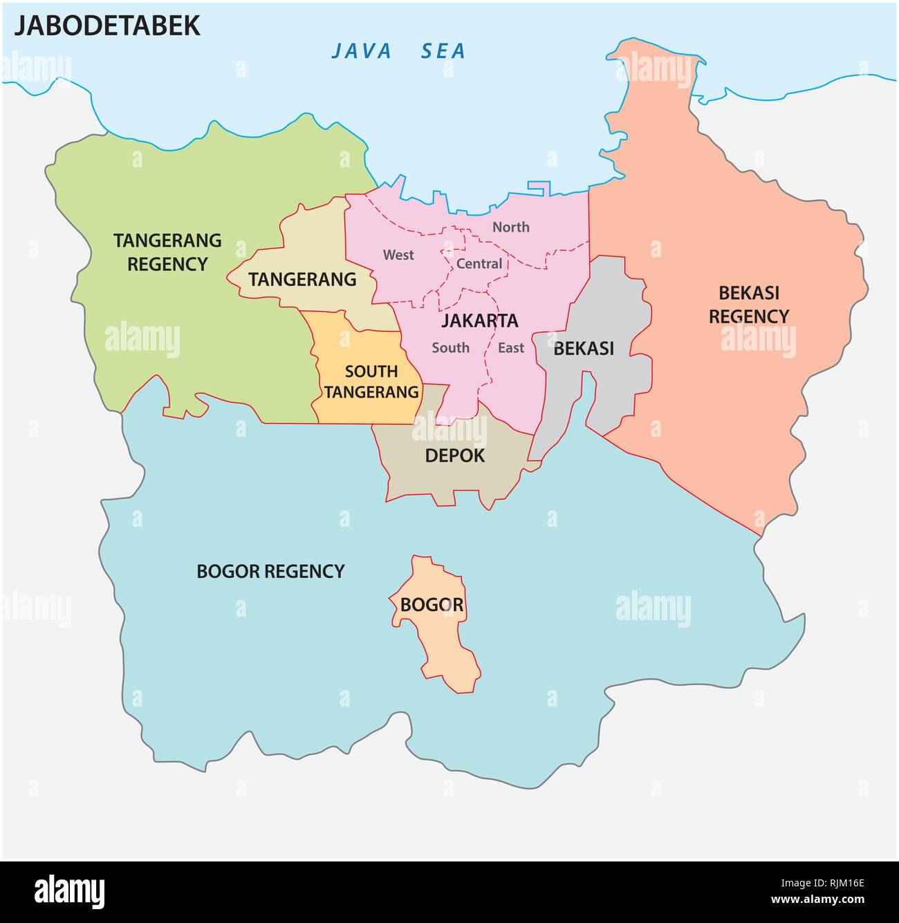 Mappa vettoriale della megacity indonesiano (area urbana) Jabodetabek Illustrazione Vettoriale