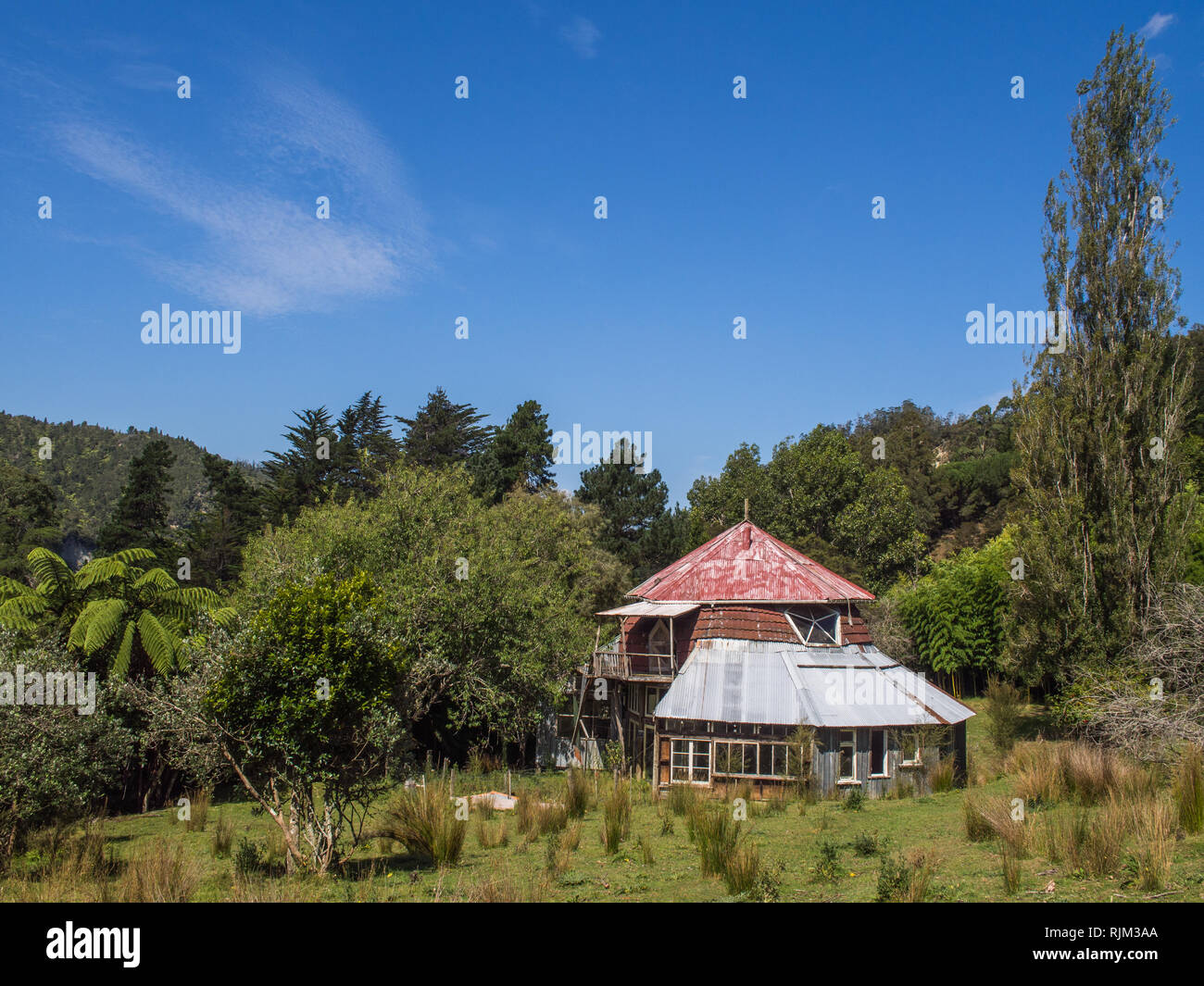 La costruzione di una comunità, Ahu Ahu Ohu, Ahuahu Valley, Whanganui River, Nuova Zelanda Foto Stock