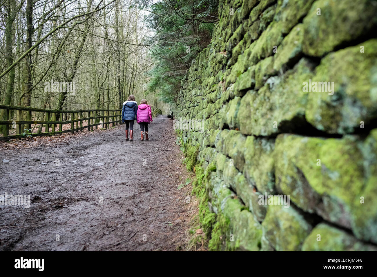 Due ragazze camminare in St Ives Estate in Bingley, Bradford, West Yorkshire. Foto Stock