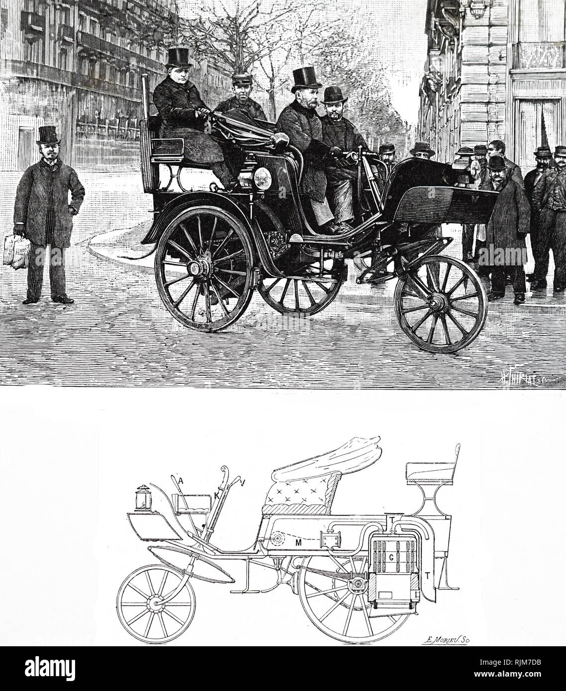 Una incisione raffigurante Léon Serpollet alla guida della sua auto a vapore a Parigi. Datata del XIX secolo Foto Stock