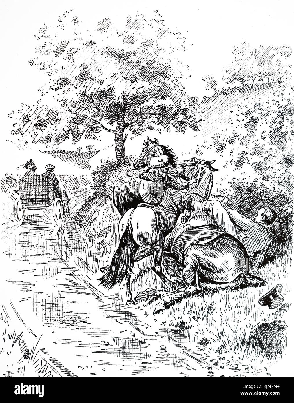 Un cartone animato raffigurante un autoveicolo battito su due piloti del Cavallino. In data xx secolo Foto Stock