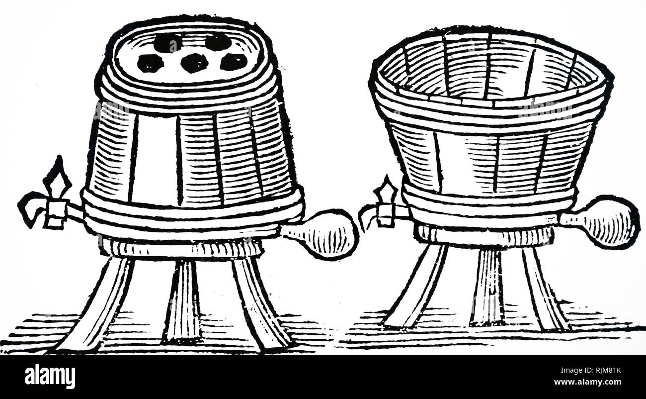 Una xilografia incisione raffigurante vaschette utilizzate nel processo di fabbricazione della birra. Destra: una vasca per la produzione della birra. A sinistra: bagno di raffreddamento con i fori nella parte superiore per ricevere i recipienti di vetro. Da Johann Rudolph Glauber " una descrizione dei nuovi forni filosofico". Londra. Risalenti al XVII secolo Foto Stock