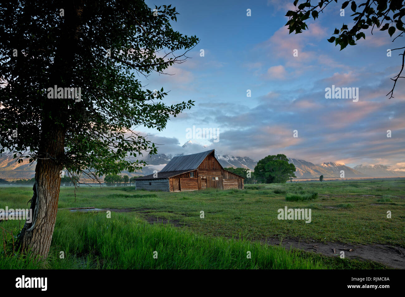 WY03314-00...WYOMING - storico fienile sulla riga mormone con il Grand Teton incollaggio sopra le nuvole a sunrise nel Parco Nazionale di Grand Teton. Foto Stock