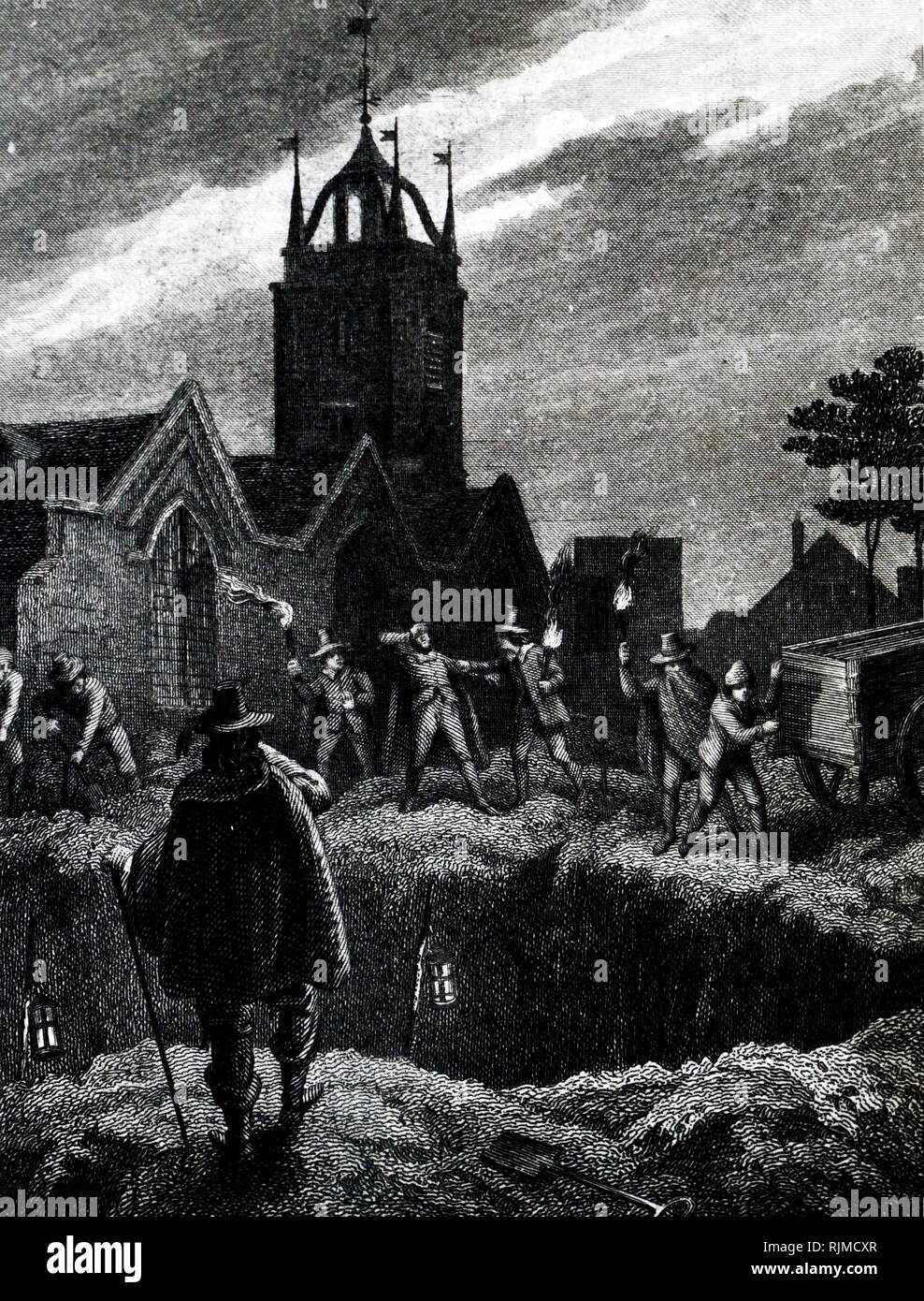 Illustrazione che mostra la peste del 1665, un carrello portante dei corpi, arrivando al grande flagello pit in Aldgate, Londra. Foto Stock