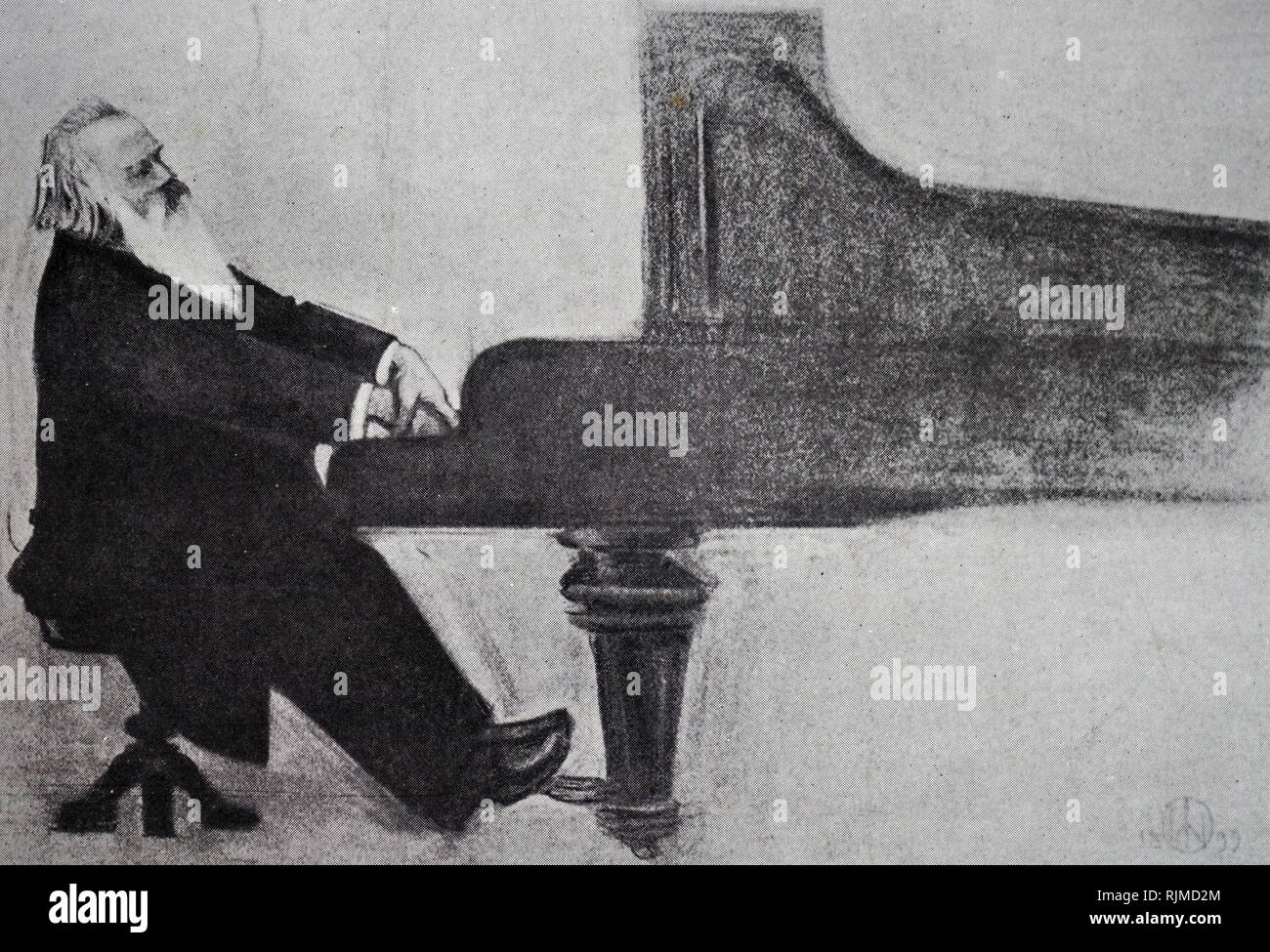 Illustrazione che mostra Johannes Brahms (1833-1897) del compositore tedesco, al pianoforte. Dopo il disegno del prof. W. von Beckerath Foto Stock