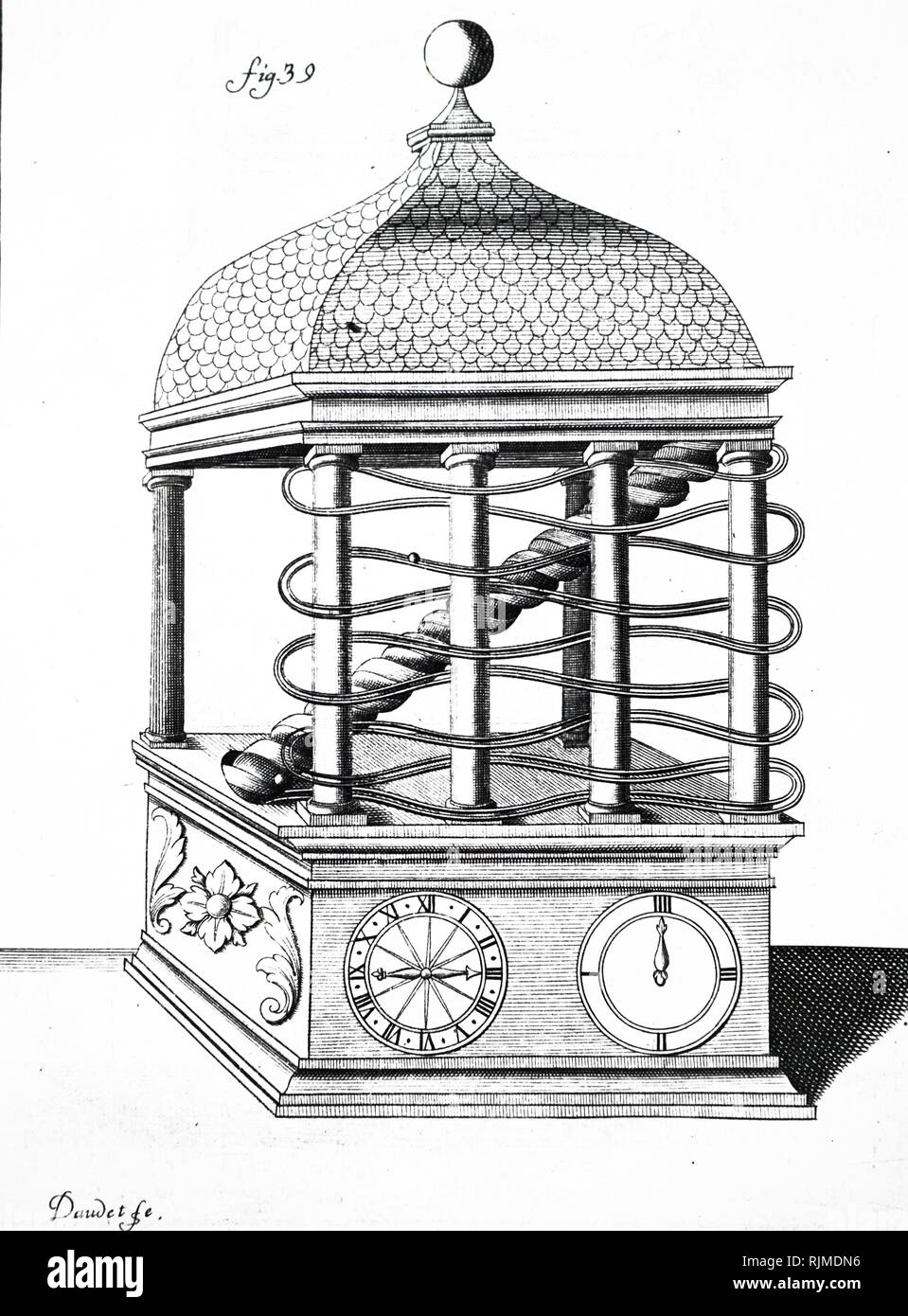 Illustrazione che mostra la cupola sostenuta da colonne, in piedi su una base. Avvolto intorno a quattro colonne sono parallelamente due guide inclinate verso il basso che una palla rotola. Quando si raggiunge il fondo è guidato in una coclea che solleva la sfera sulla parte superiore della sua corsa di nuovo. Nella base è il clock del meccanismo di azionamento che ruota la vite di Archimede e gestisce i quadranti. Prom Gas-parte Grollier de Serviere Rec-euil d'Ouvrages Curieux de Math-ematique et de mecanique, ou description de Cabinet de Monsieur de Grollier Serviere, Lione, 1719. Foto Stock