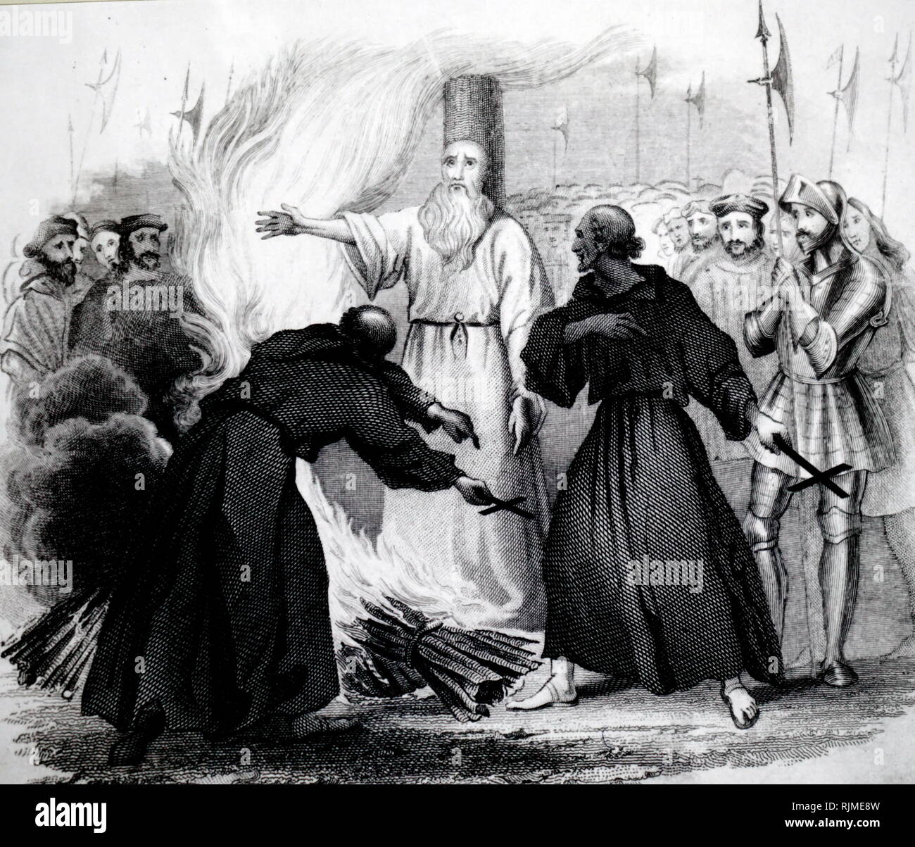 Illustrazione che mostra Thomas CRANMER (1489-1556), Arcivescovo di Canterbury, bruciato sul rogo dalla regina Maria per negare la romana dottrina cattolica Foto Stock