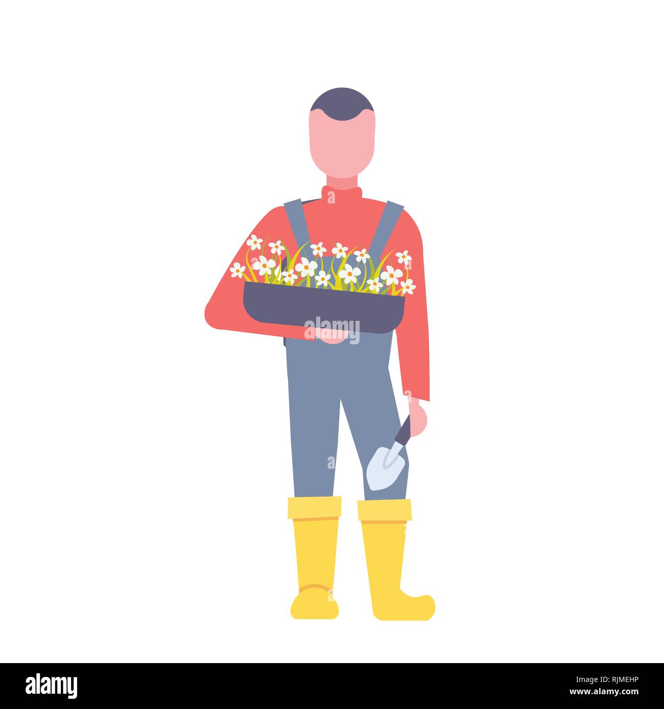 L'uomo giardiniere della scatola di contenimento con fiori che sbocciano nel giardinaggio professionale nozione maschio personaggio dei cartoni animati a lunghezza piena isolati piatta Illustrazione Vettoriale