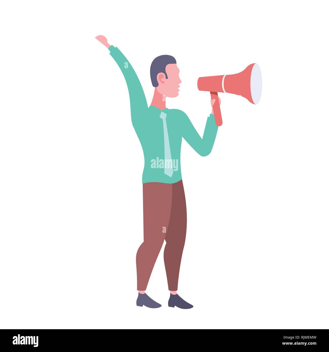 Imprenditore azienda altoparlante business man oratore pubblico parlando megafono annuncio candidato maschio concetto personaggio dei fumetti a piena lunghezza flat Illustrazione Vettoriale