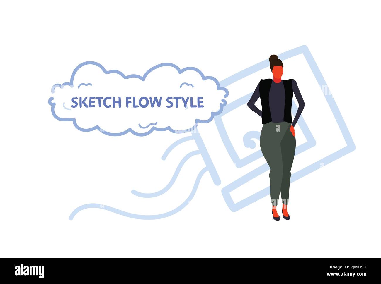 Elegante imprenditrice pongono permanente brunette business donna femmina personaggio dei cartoni animati a piena lunghezza schizzo flusso orizzontale di stile Illustrazione Vettoriale