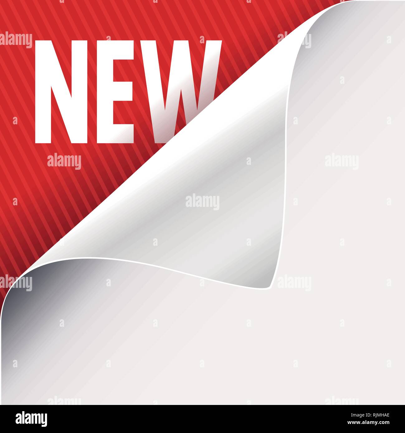 Angolo arricciato del libro bianco su una rossa in alto a sinistra sullo sfondo di angolo. Il nuovo slogan di segno. Illustrazione Vettoriale. Illustrazione Vettoriale