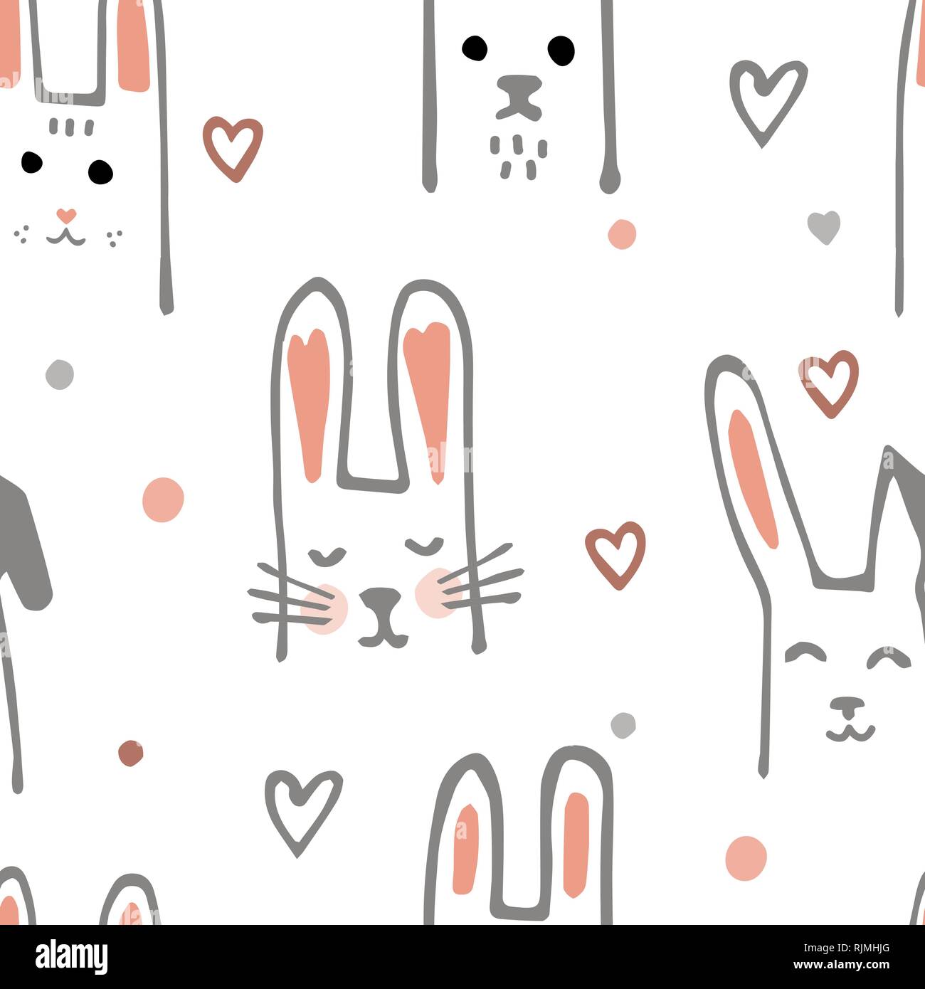 Cartoon carino Baby coniglio o Bunny Seamless Pattern. Illustrazione Vettoriale. Disegnata a mano Doodle sfondo. Illustrazione Vettoriale