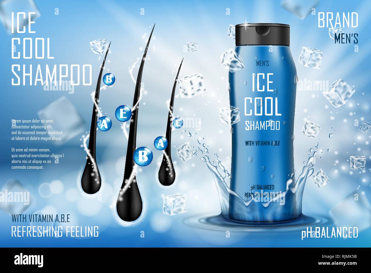 Il raffreddamento degli uomini s shampoo gel con gli spruzzi di acqua e cubetti di ghiaccio . Plastica realistico shampoo per capelli confezione annuncio per poster. uomini s care product design. 3d Illustrazione Vettoriale