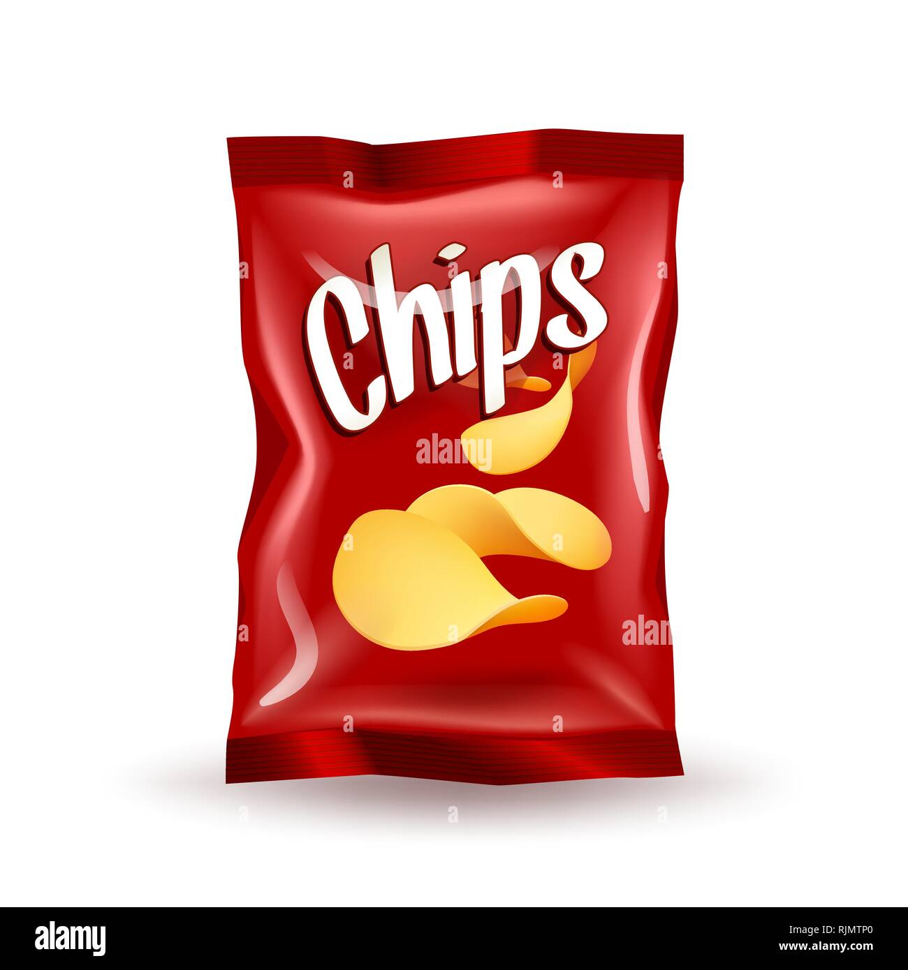 Realistico mockup pacchetto di chip rossi confezione con etichetta isolati su sfondo bianco Illustrazione Vettoriale