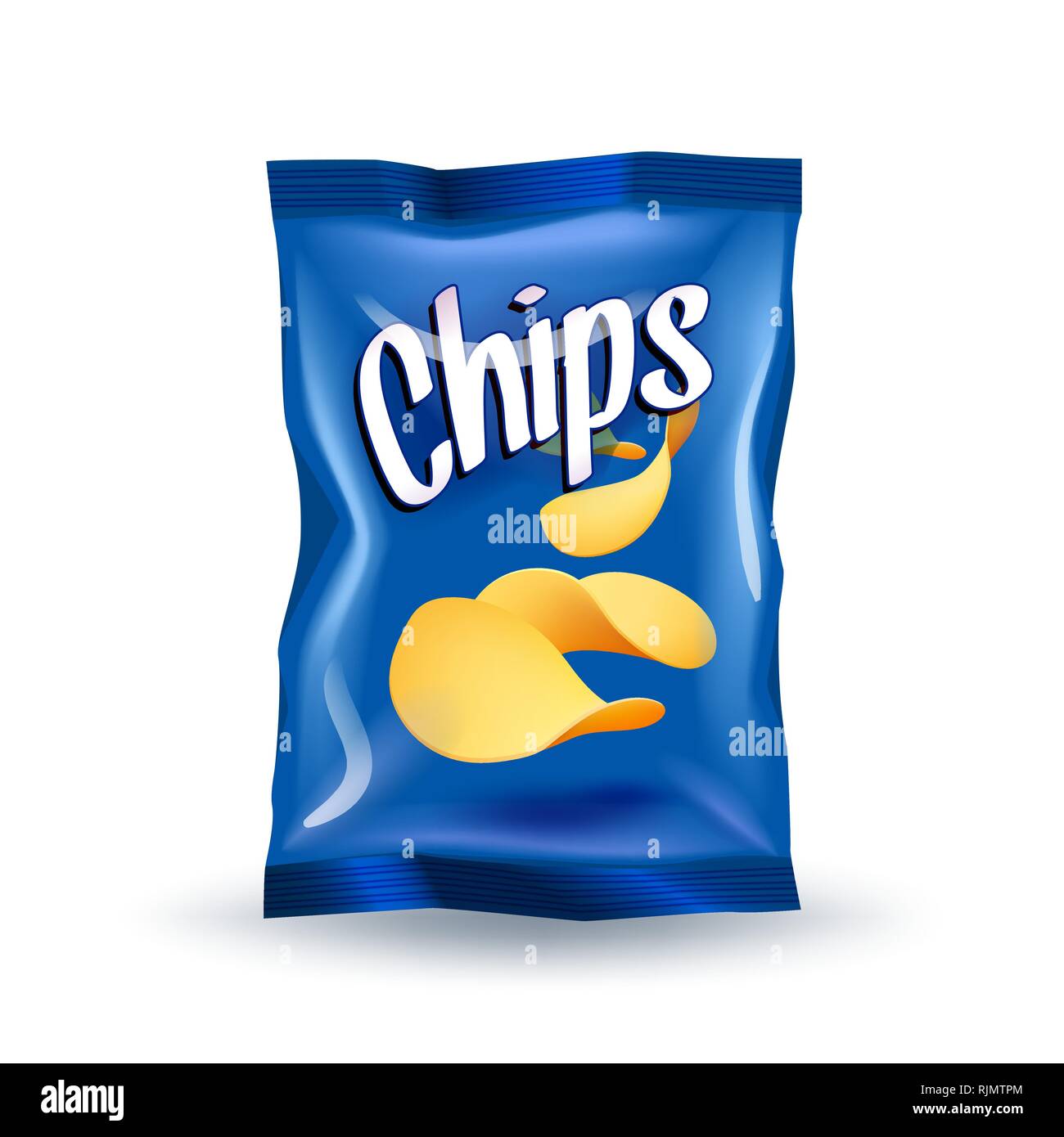 Realistico mockup pacchetto di chip blu confezione con etichetta isolati su sfondo bianco Illustrazione Vettoriale