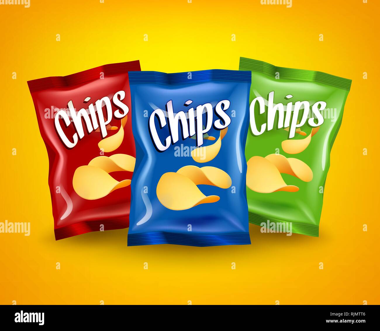 Set di rosso, blu e verde chips pacchetti con giallo snack croccante, il concetto di pubblicità Illustrazione Vettoriale