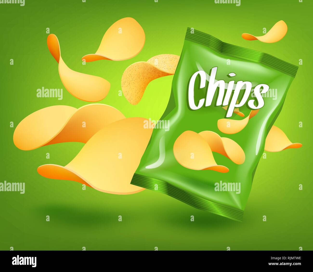 I gettoni verdi confezione mockup con giallo snack croccante, il concetto di pubblicità Illustrazione Vettoriale