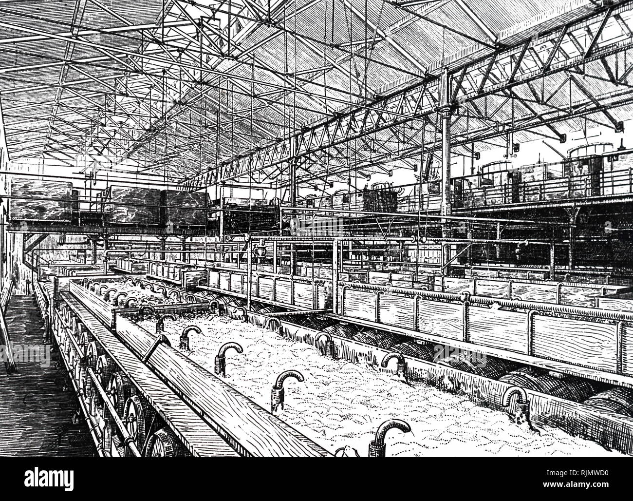 Una incisione della birra: detergente birra in fusti di unione, dove è stata cancellata dopo la fermentazione primaria: Truman, Hanbury, Buxton & Co di Black Eagle Brewery, Spitalfields. 1890 Foto Stock