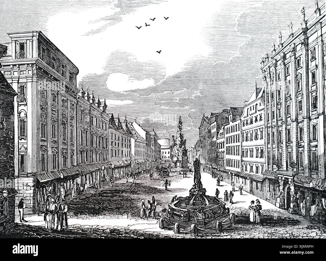 Una incisione raffigurante il Graben, una delle più famose strade nel primo distretto di Vienna, centro città 1834 Foto Stock