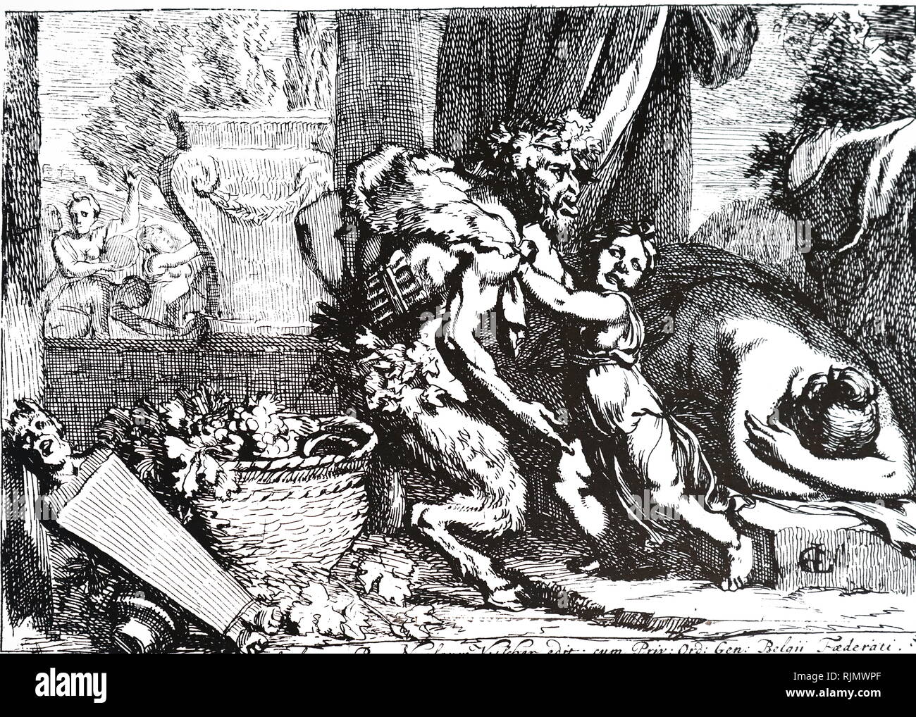 Bacchante con Silenus; attacco da Gerard de Lairesse (1641 - 1711). Nella mitologia greca un Bacchante o Maenad, era una femmina seguace di Dioniso. Silenus era un compagno e tutor per il vino dio Dioniso. Foto Stock