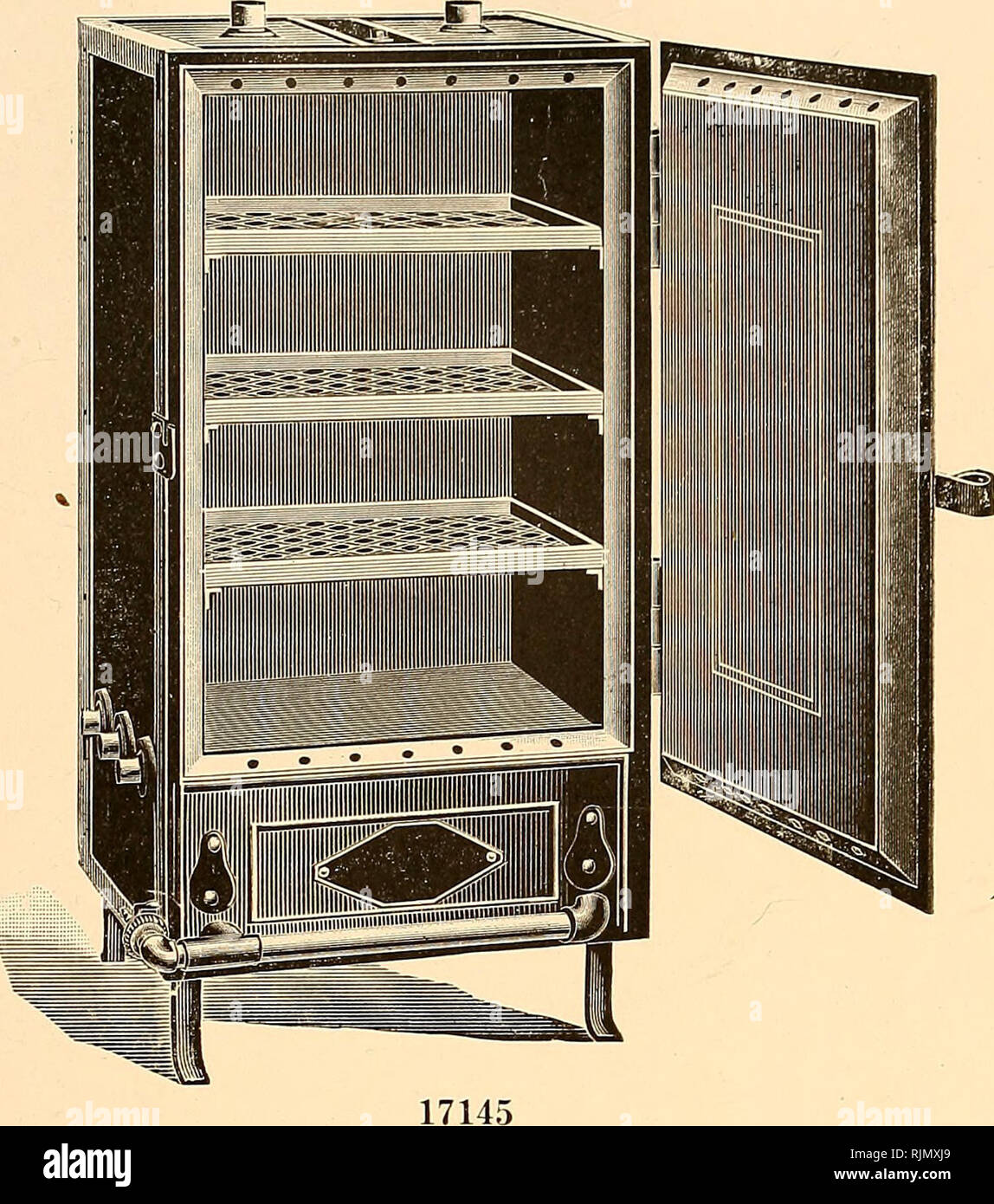 . Apparecchiatura batteriologica : patologici, biochimici. Apparecchio scientifico e strumenti; batteriologia; industria chimica. SUj* (Hatparatian, %att}?Bti&GT;R, N- f-. Sterilizzatore 17145-aria calda. Ben isolato con vero amianto rendendo l'apparato economico nel uso di calore e rende la temperatura più costante; riscaldata da una serie di piccoli bruciatori Bunsen racchiuso in base, altezza all'interno, 48 cm Larghezza: 30 cm; profondità 24 cm; per il gas ma senza attrezzatura ogni 39.75 17148 Sterilizzatore-aria calda. Stesso come No. 17145 sopra, ma con gas di dotare- ment, compresi Reicherts' termo-regolatore, thermomete Foto Stock