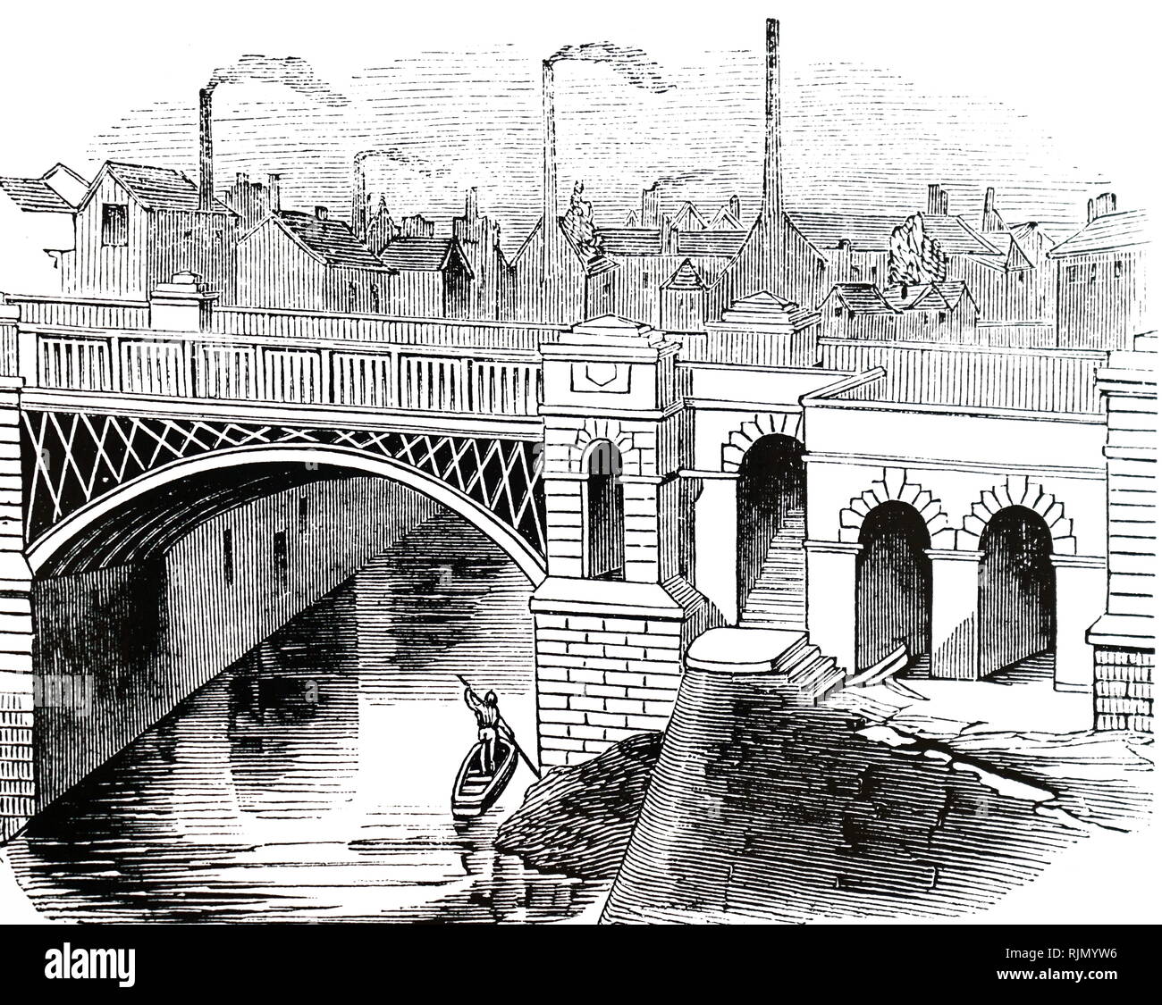 Illustrazione che mostra il ponte di ferro sulla Irwell, sul Manchester e Leeds Railway. 1844. Foto Stock