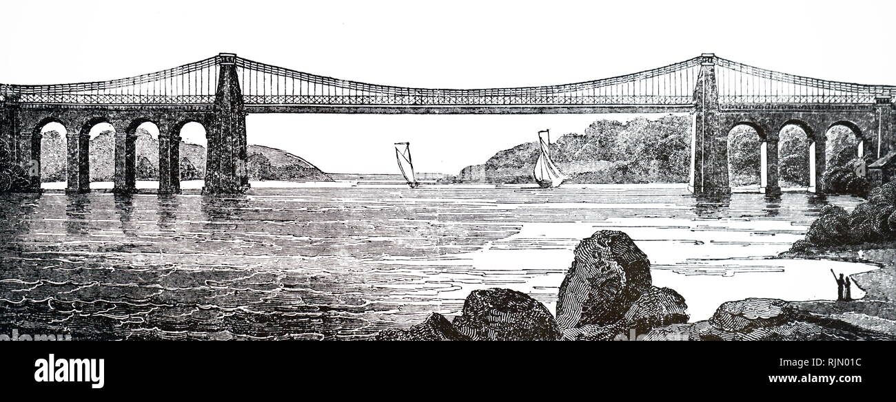 Illustrazione che mostra Telford della sospensione di Menai Bridge. Dettaglio di un broadsheet non datata. Foto Stock