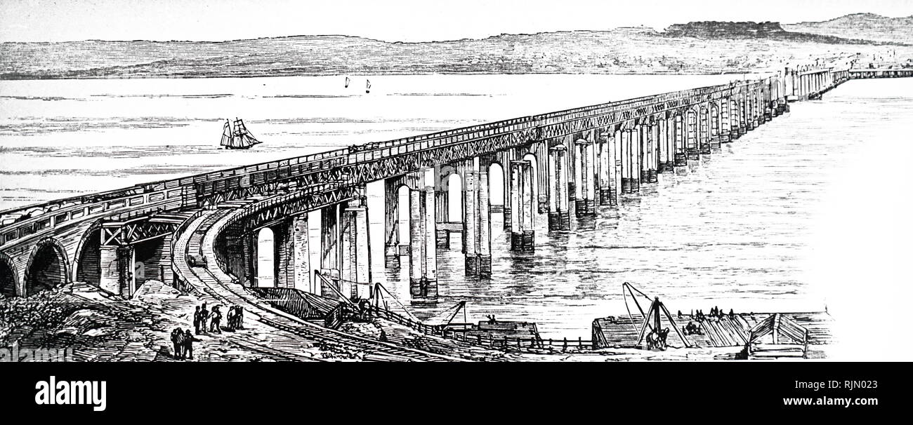 Illustrazione che mostra la nuova (seconda) Tay Bridge, costruito nel 1887, per sostituire quello distrutto nella tempesta del 28 dicembre 1879. Foto Stock