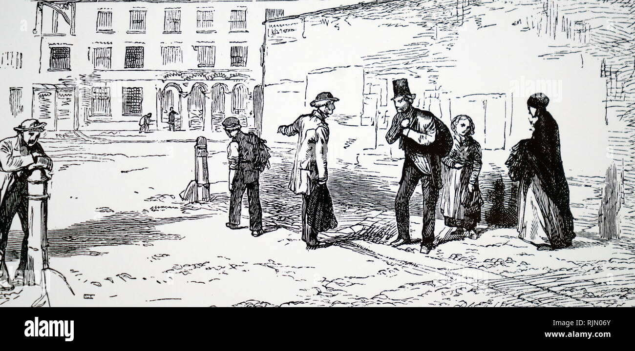 Illustrazione che mostra Northampton Calzoleria: i lavoratori a domicilio, tenendo i loro lavori finiti a shop 1869 Foto Stock