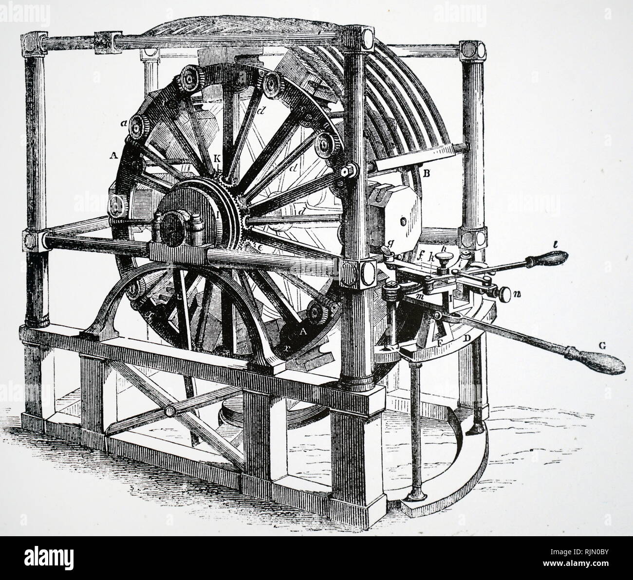 Illustrazione che mostra gli uomini in un tapis roulant, lavorando a rag-e-pompa a catena, per svuotare una miniera. Da Agricola "De re metallica", Basilea Foto Stock