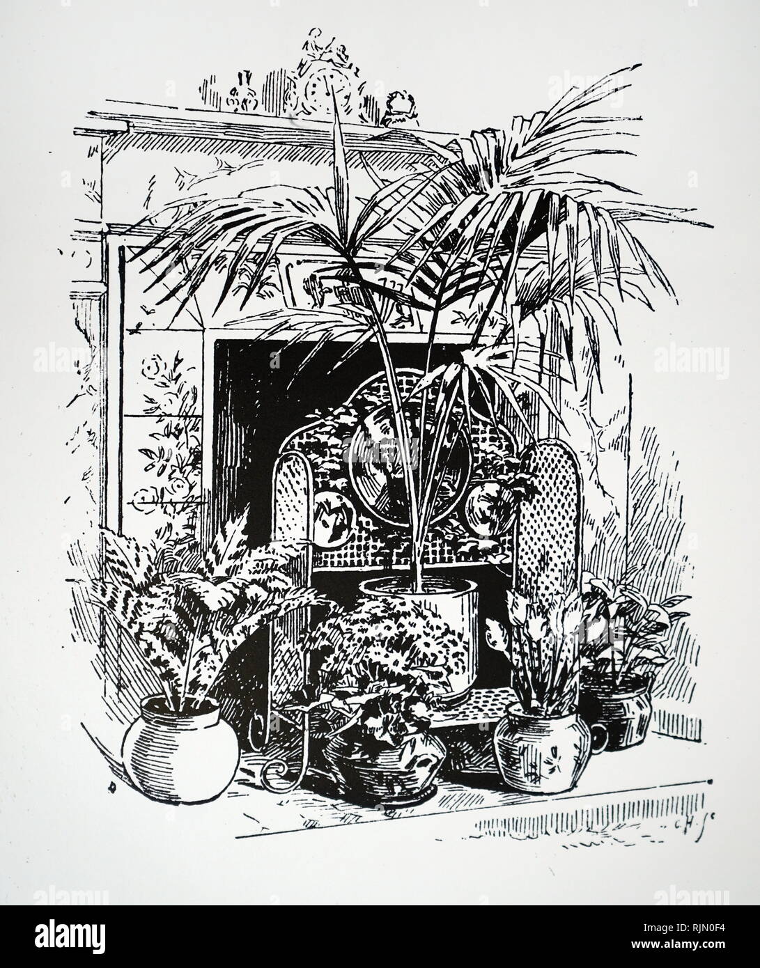 Illustrazione che mostra la maglia di ottone protezione antincendio, che potrebbe anche essere utilizzato come schermo, quando il camino non era in uso, London, 1888 Foto Stock