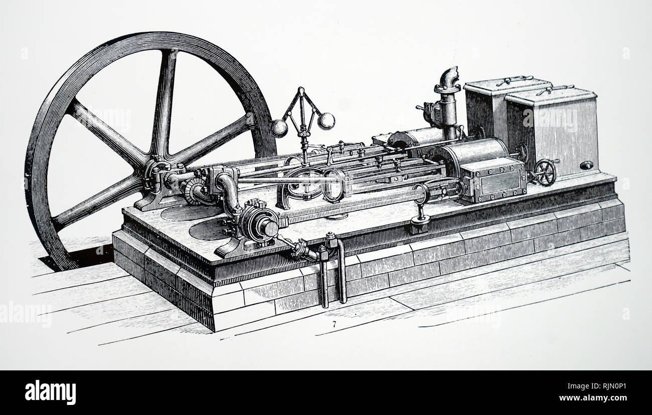 Illustrazione che mostra la posizione orizzontale del motore a vapore urtando governatore e volano motore 1888 Foto Stock