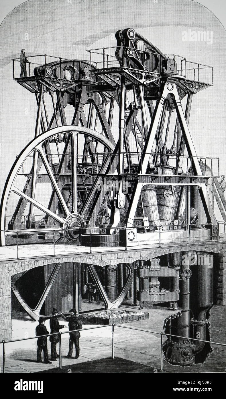 Illustrazione che mostra il vapore alimentato il pompaggio motore da D.E. Leavitt Jnr di Cambridgeport, messa. Questo composto beaxi motore è stato utilizzato presso il Lawrence waterworks, messa. Volano montato tra le travi e i cilindri. 1880 Foto Stock