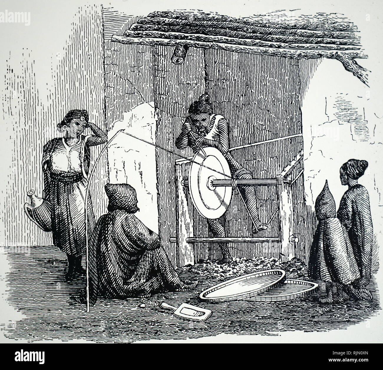 Illustrazione che mostra la Pole tornio in uso in Nord Africa 1880 Foto Stock