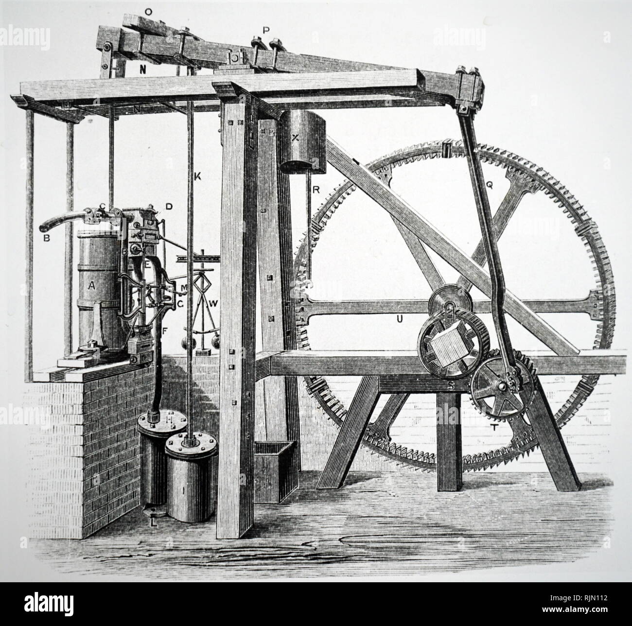 Illustrazione che mostra Watt il prototipo del motore a vapore "Vecchio Bess', in cui il moto alternativo è stato trasformato in moto rotatorio da un planetario con il treno. Da Samuel sorrisi vita di Boulton e Watt, Londra, 1865. Foto Stock