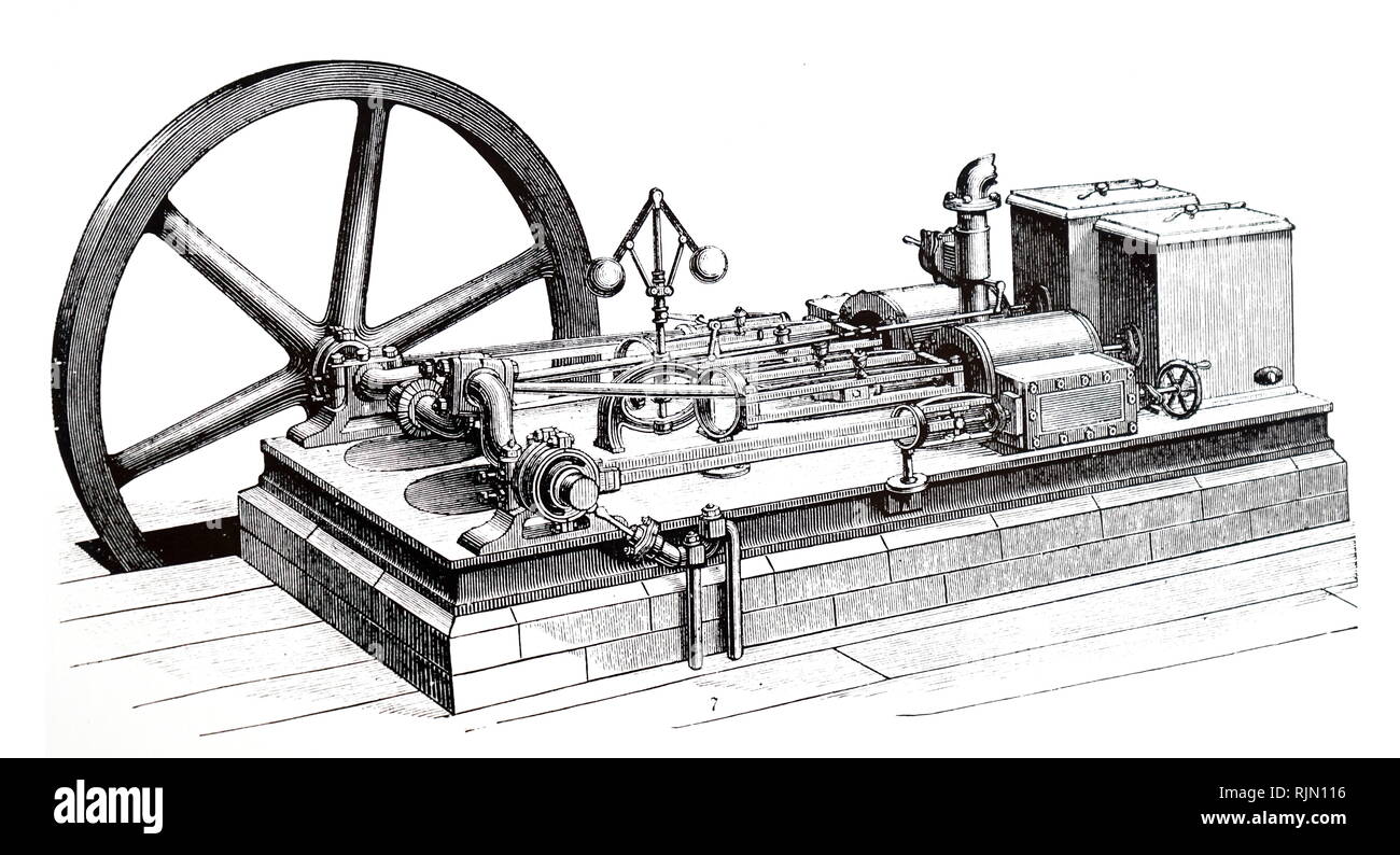 Illustrazione che mostra la posizione orizzontale del motore a vapore che mostra un governatore e volano motore 1888 Foto Stock
