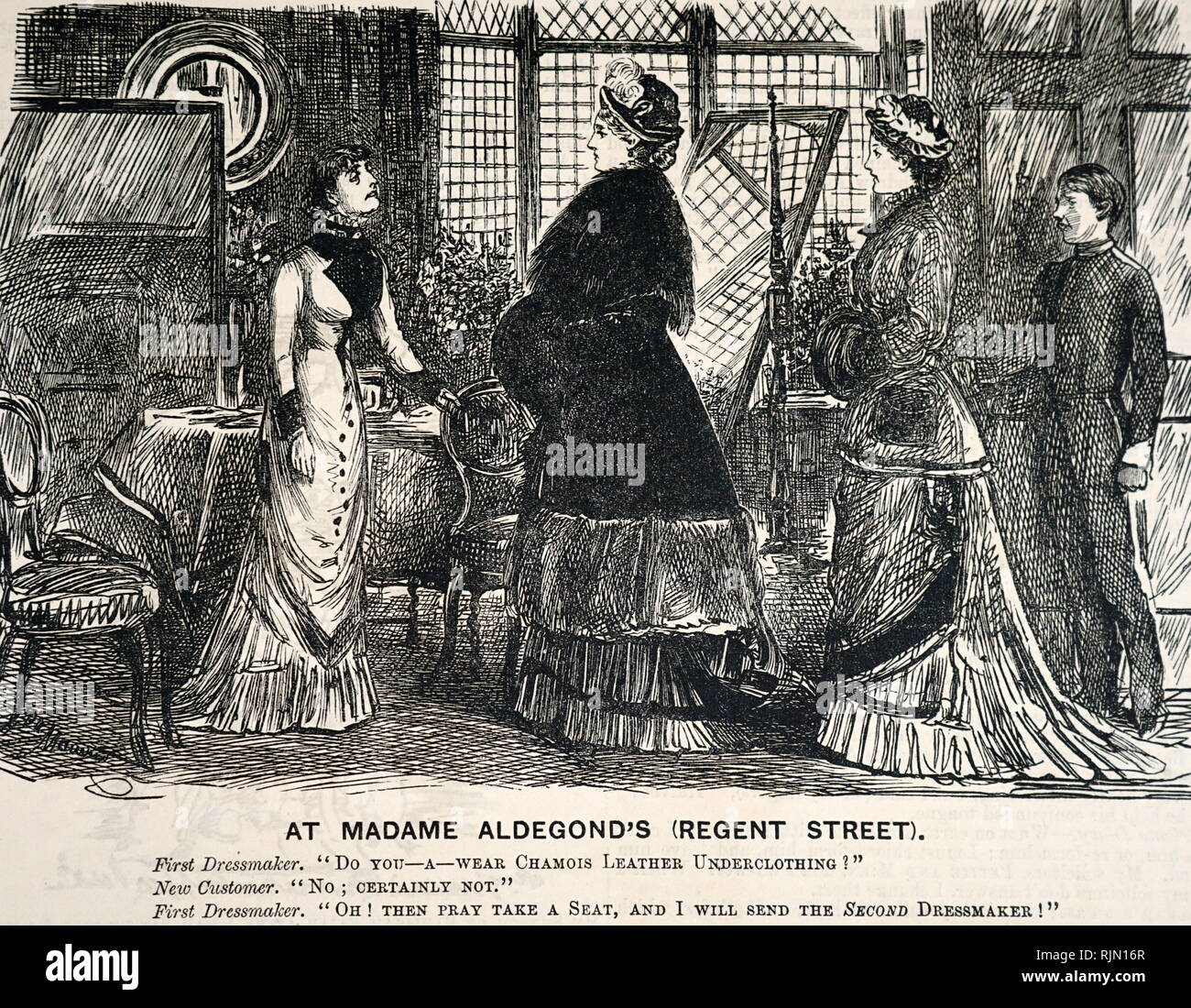 Illustrazione che mostra la visita alla sartoria - il messo giù. George du Maurier cartoon dal punzone, 1879 Foto Stock
