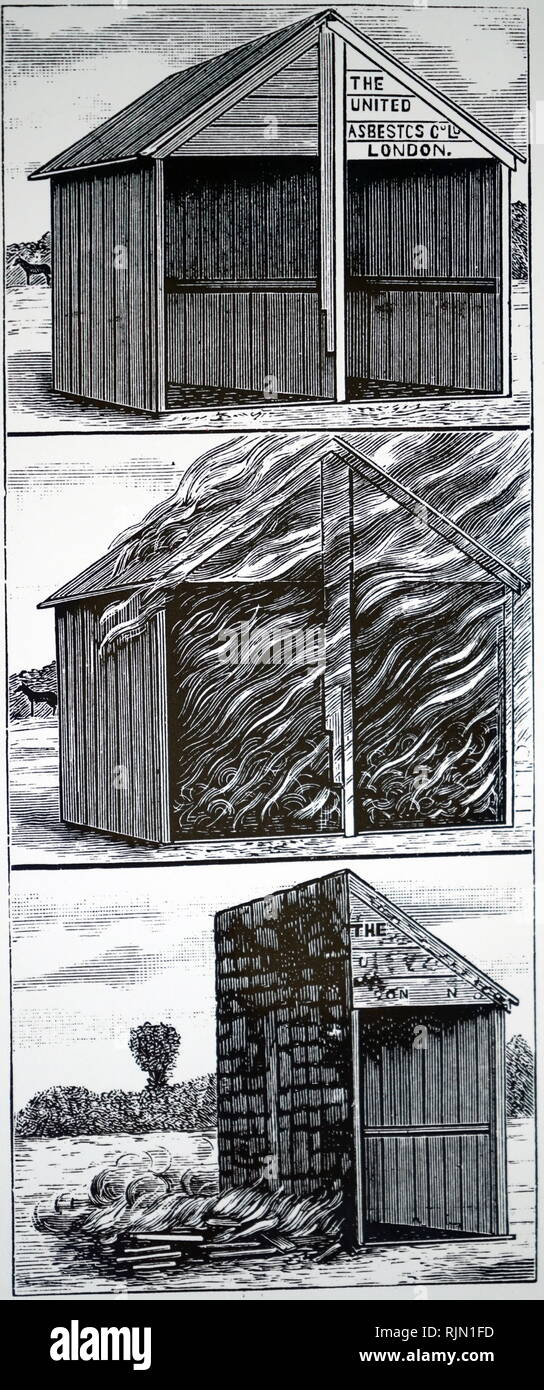 Illustrazione che mostra la dimostrazione della proprietà ignifuga di amianto. Fuoco acceso in entrambe le sezioni di una divisa capanna in legno. Lato sinistro distrutto ma il lato destro che era stato trattato con tre mani di amianto il dolore è sopravvissuto. 1895 Foto Stock