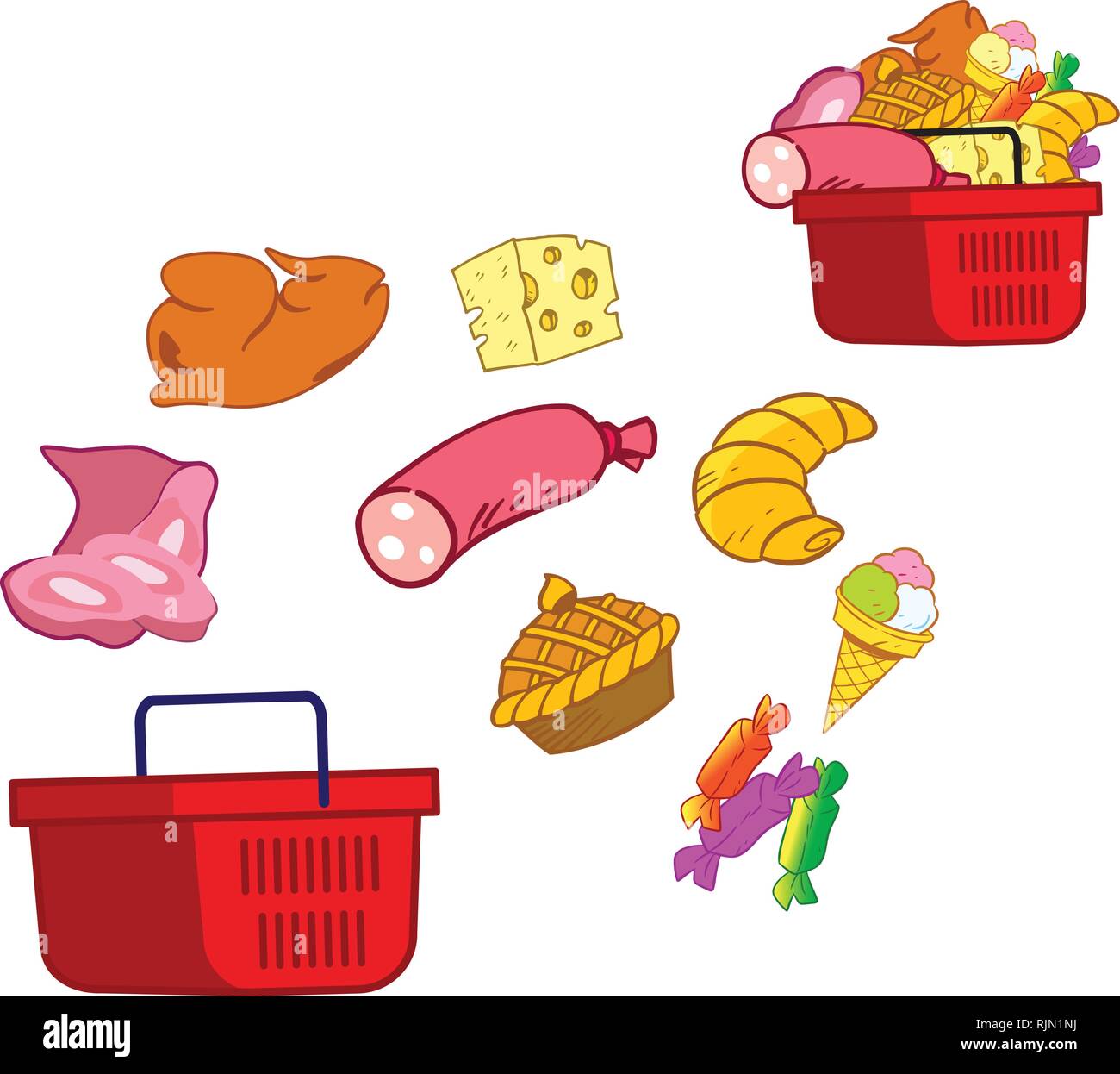 Illustrazione Vettoriale con cesto di generi alimentari e di prodotti isolati su sfondo bianco. Illustrazione Vettoriale